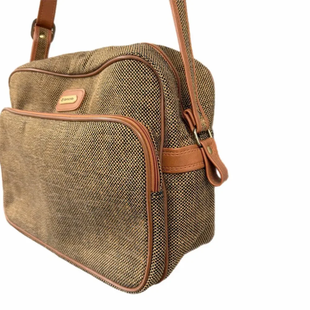 Vtg 70s Samsonite Tweed Woven Brown Carry On Travel Luggage Shoulder Strap Bag